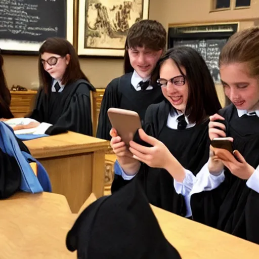 Image similar to Photo of Hogwarts students looking at their smartphones