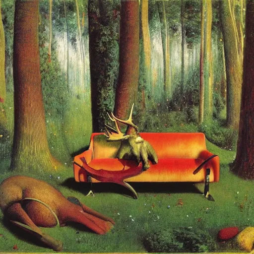 Image similar to psychedelic couch sofa in the lush pine forest, milky way, guitar, moose antlers, designed by arnold bocklin, jules bastien - lepage, tarsila do amaral, wayne barlowe and gustave baumann, cheval michael, trending on artstation, star, sharp focus, colorful refracted sparkles and lines, soft light, 8 k 4 k