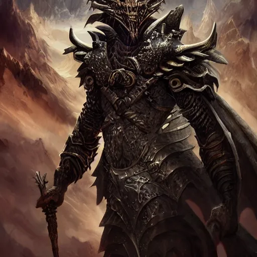 Image similar to dark fantasy concept of dragon kin god, with dark steel and dragon scale armor on a mountain, cinematic, dynamic lighting, photorealistic, ultra detailed, trending on art station, stunning visuals, creative, hyper detailed