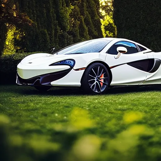 Prompt: A photo of a white dirty McLaren parked in the middle of a garden, 8K concept art, dreamy, garden, bushes, flowers, golden hour, vintage camera, detailed, UHD realistic faces, award winning photography, cinematic lighting