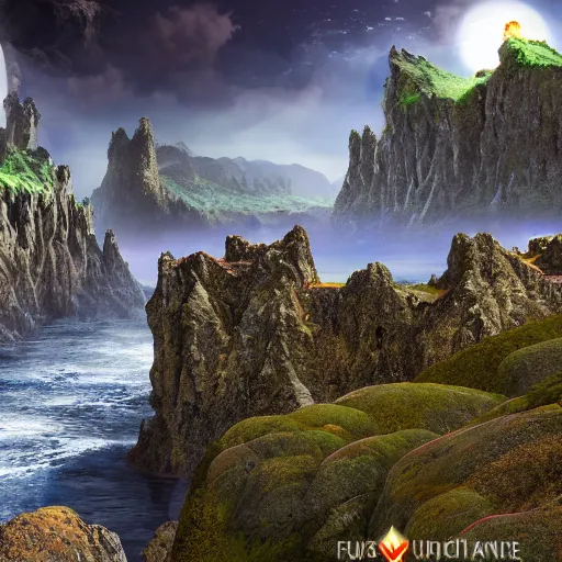 Image similar to basalt cliffs and mountains, floating islands fantasy landscape, high detail, fantasy art, concept art, 4 k, ultra detail, computer art