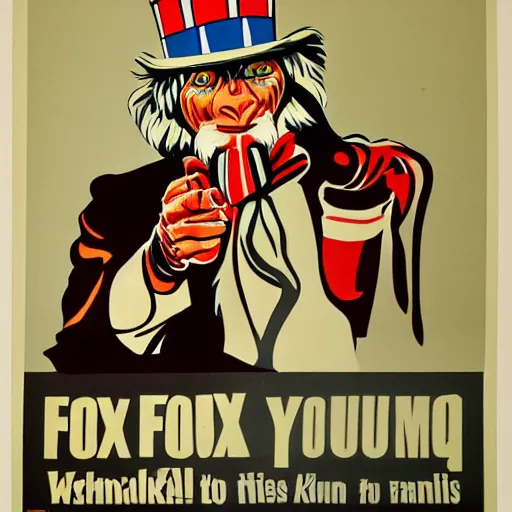 Image similar to fox animal dressed as uncle sam, ww 2 style propaganda poster