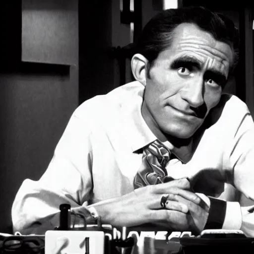 Prompt: Rod Serling Twilight Zone monologue at an e-sports competition. b/w tv still, high quality face.