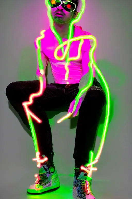 Image similar to full-body rococo and cyberpunk style neon statue of a young attractive Jose Garcia wearing cholo shades macho dotado e rico android sim roupa reclining con las piernas abertas e la piroca dura, ethereal white dripping tar, glowing white lasers, pink tigers, glowing eyes, silver prince crown, black gears, pink diamonds, swirling mint-colored silk fabric. futuristic elements. full-length view. human skulls. large intricate artwork by caravaggio. Trending on artstation, octane render, cinematic lighting from the right, hyper realism, octane render, 8k, depth of field, 3D
