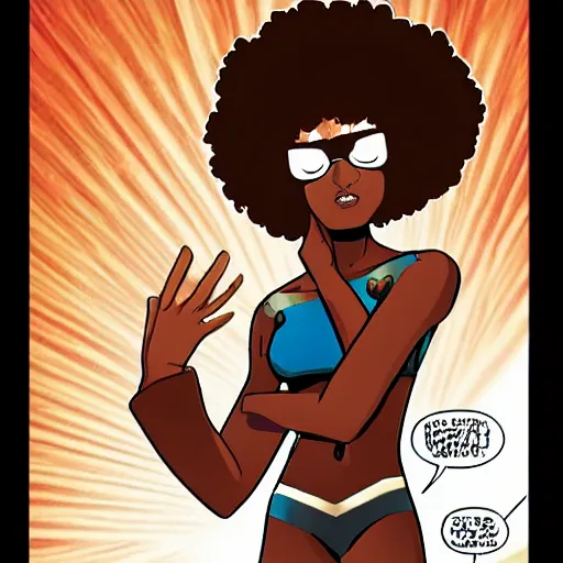 Image similar to comic book hero black girl with Afro, tall and slim figure, brown skinned brown eyes full lips,comic book style, Stan lee,