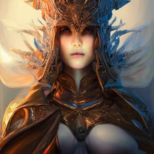 Image similar to fantasy sorceress women, symmetrical portrait, holy glow, by Yoshitaka Amano, Ruan Jia, Kentaro Miura, Artgerm, 8k