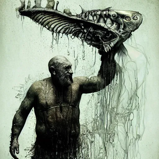 Image similar to wet collodion photography of innsmouth dweller mutant fishman sailor old man with gills and scales creatures from the deep ocean by emil melmoth zdzislaw beksinki craig mullins yoji shinkawa realistic render ominous detailed photo atmospheric by jeremy mann francis bacon and agnes cecile ink drips paint smears digital glitches glitchart