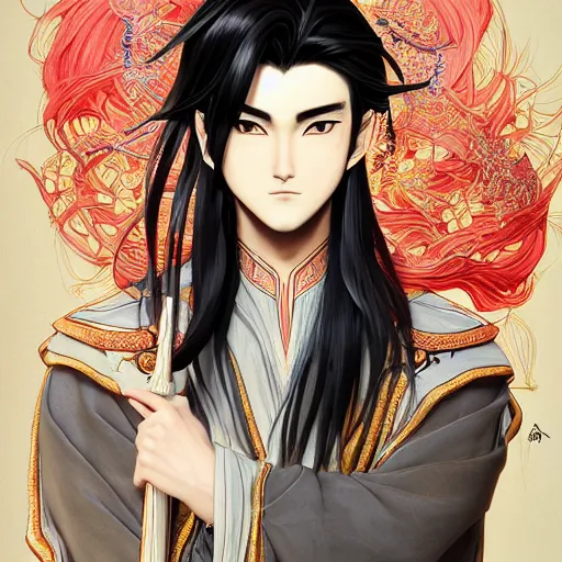 Image similar to an immortal xianxia cultivator with long black hair as an absurdly handsome, elegant, young anime man, ultrafine hyperrealistic detailed face illustration by kim jung gi, irakli nadar, intricate linework, sharp focus, bright colors, matte, final fantasy, unreal engine highly rendered, global illumination, radiant light, intricate environment