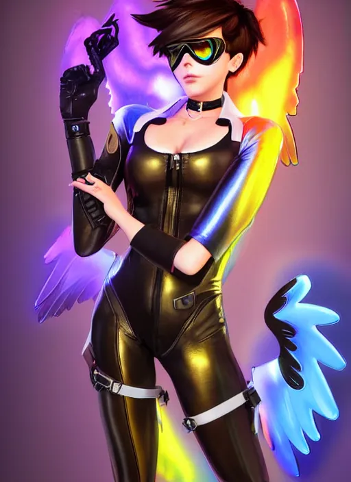 Image similar to portrait bust digital artwork of tracer overwatch, wearing iridescent rainbow latex and leather straps catsuit outfit, in style of mark arian, angel wings, wearing detailed leather collar, chains, black leather harness, detailed face and eyes,