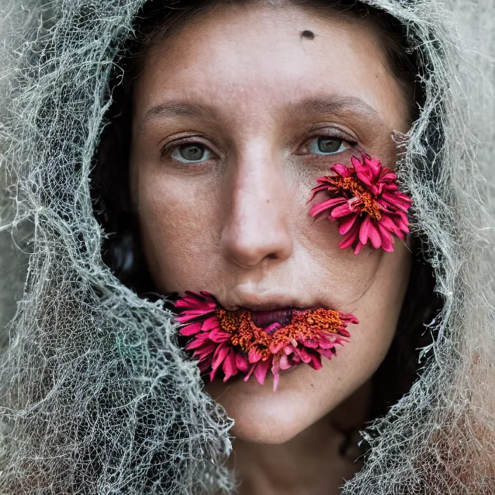 Image similar to a closeup portrait of a woman wearing a hooded cloak made of zinnias and barbed wire, in a derelict house, by Olivia Bee, natural light, detailed face, CANON Eos C300, ƒ1.8, 35mm, 8K, medium-format print