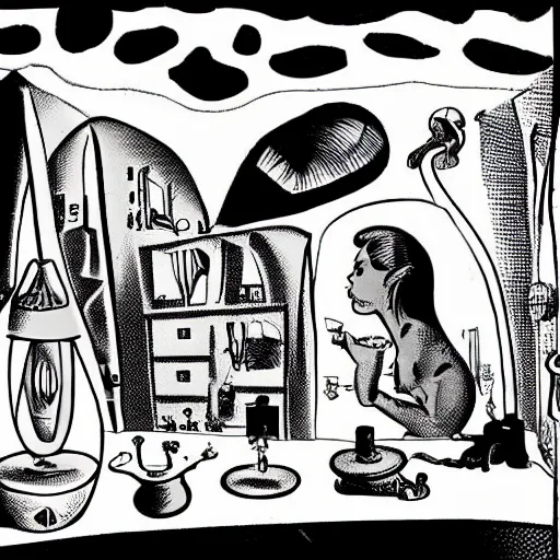 Prompt: the paramecium queen in her microscopic palace by harvey kurtzman