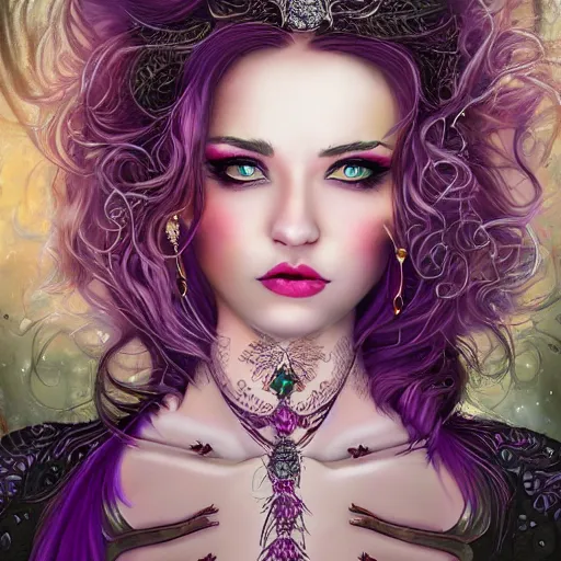 Image similar to beautiful young woman, with purple and gold fire hair, wearing a lace dress with jewels, full colors background, full of detail, majestic, organic, dark fantasy, rotten, sinister, macabre, crazy detailed and complex, super detailed, 8K, 4k,
