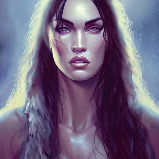 Image similar to portrait of megan fox, muscular upper body, fantasy, intricate, elegant, highly detailed, digital painting, artstation, concept art, matte, sharp focus, illustration, art by aenaluck and roberto ferri and greg rutkowski, epic fantasy, digital painting