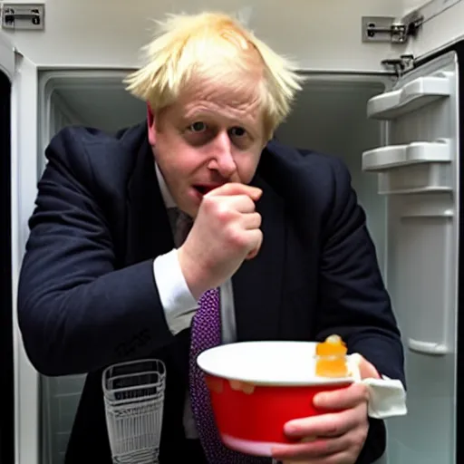 Image similar to boris johnson sat in a fridge eating jam with his fingers
