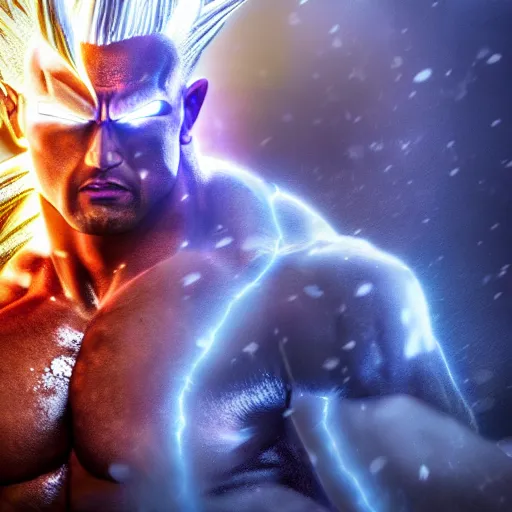 Image similar to full shot of Dwayne Johnson as a warrior style goku super saiyan at moonlight, snowing, lightning bolt, high detail, unreal engine 4k volumetric light, fog,