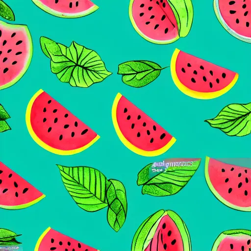 Image similar to retro, hd illustration of watermelons and lemons, mint leaves, inspired by watercolor masterpieces, matisse, colorful, happy, trending on artstation, 4 k