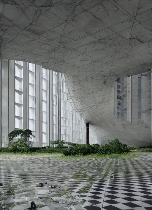 Image similar to “derelict architecture single building , the floor are checkered with plants around the building, building designed by architect Oscar Niemeyer, architecture digest, building surrounded in a luxury environment, bright tones, fluorescent lighting,volumetric Lighting, photorealism, high detail, golden ratio, cinematic, octane renderer”