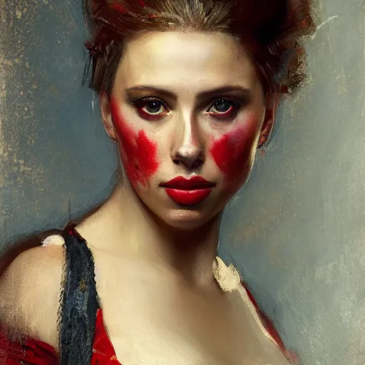 Image similar to solomon joseph solomon and richard schmid and jeremy lipking victorian genre painting portrait painting of a young beautiful scarlet johansson traditional german french actress model pirate wench in fantasy costume, red background