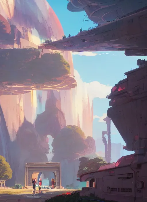 Image similar to warm canyon with giant gate entrance, nuclear powered, detailed, futuristic, cory loftis, james gilleard, atey ghailan, makoto shinkai, goro fujita, studio ghibli, rim light, exquisite lighting, clear focus, very coherent, plain background