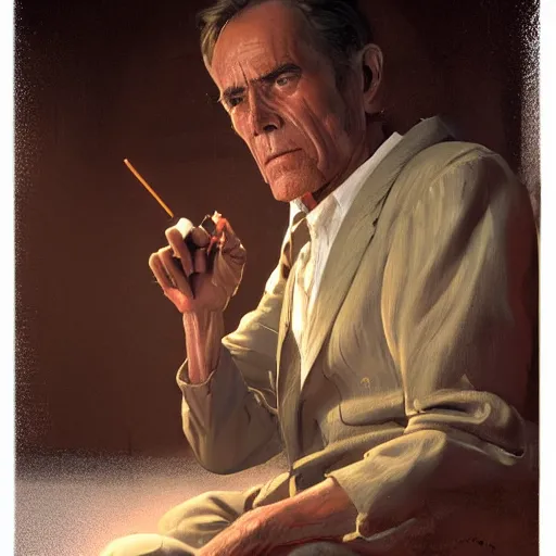 Image similar to a highly detailed epic cinematic concept art CG render digital painting artwork costume design: Henry Fonda as a 1950s tired disillusioned poet, barefoot, smoking a cigarette. volumetric lighting. By Greg Rutkowski, in the style of Francis Bacon and Syd Mead and Norman Rockwell and Beksinski, open ceiling, highly detailed, painted by Francis Bacon and Edward Hopper, painted by James Gilleard, surrealism, airbrush, Ilya Kuvshinov, WLOP, Stanley Artgerm, very coherent, triadic color scheme, realistic facial expression, art by Takato Yamamoto and James Jean