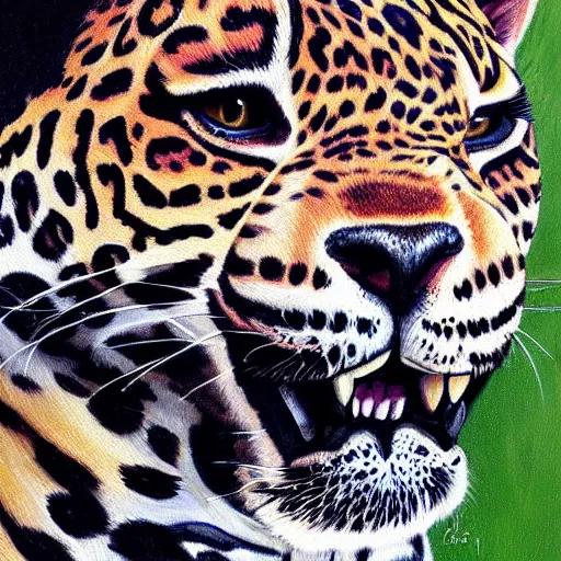 Image similar to painting of a jaguar in the wilderness, realistic, digital art