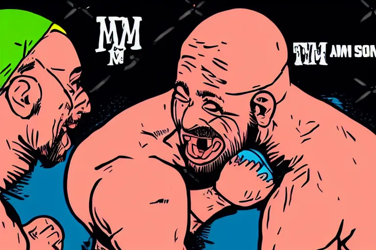 Image similar to Sam Hyde fighting Joe Rogan in the UFC octagon, Mike Judge art style, 90's mtv illustration, clean linework