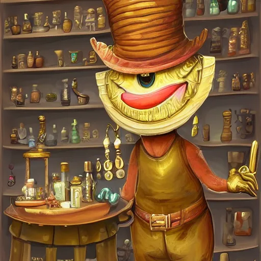 Image similar to Anthropomorphized DinosUr trader in his shop, selling his wares, portrait, items, gold, magic potions, carpet, window, fancy hat, sly expression , cunning expression, cute expression, long thick shiny gold beak, presenting wares, holding a gold bag, D&D, fantasy, cinematic lighting, highly detailed, digital painting, artstation, concept art, smooth, sharp focus, illustration, warm light, cozy warm tint, magic the gathering artwork, volumetric lighting, 8k, art by Akihiko Yoshida, Greg Rutkowski
