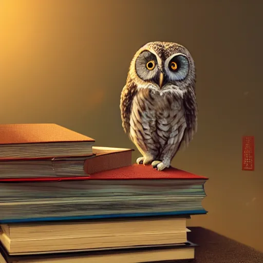 Image similar to long shot of a cute friendly owl sitting on a pile of books, by naoto hatori, by yoshita amano, by esao andrews, fancy illustration hyperrealistic, big depth of field, fresh colors, moody evening light, 3 d octane render conceptart, 4 k, highly detailed, trending on artstation