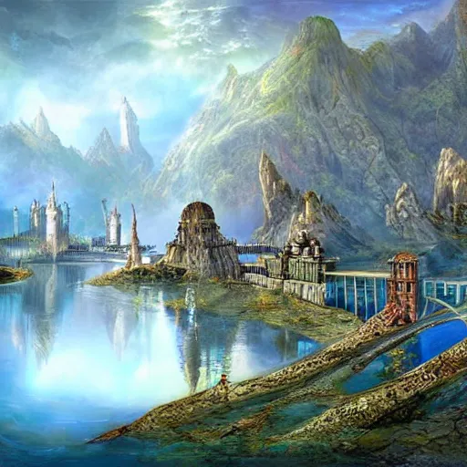 Prompt: soaring towers and bridges, mountains, under outer world jungles and lakes, art by Dmitry Dubinsky