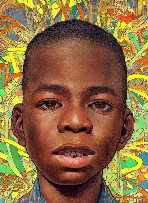 Prompt: colourful upper half portrait of an african boy with proportions in the style of jack davis - presented in magazine collage style, art by hsiao - ron cheng & alphonse mucha, magazine collage, highly detailed, caricature, caricature, digital painting, concept art, ray tracing, illustration, illustration, smooth, sharp focus, intricate, symmetry, pinterest, behance, artstation