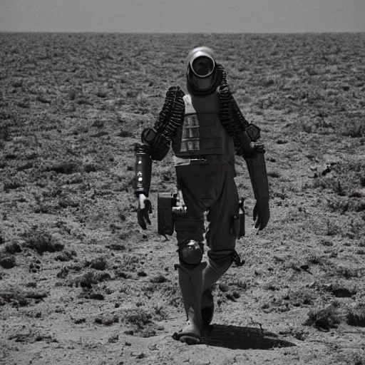 Image similar to a heavily armored man wearing a gasmask walking through a dry ocean, coral trees, film still arriflex 3 5