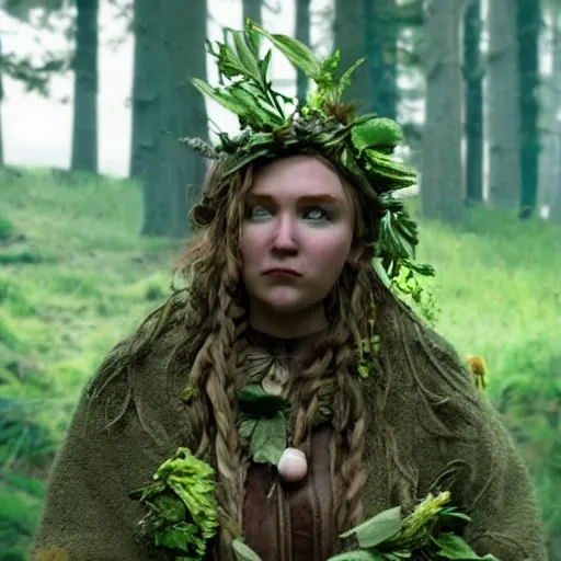 Prompt: deep gnome druid with leather clothing and leaves and sticks in her hair, photo from the movie midsommar