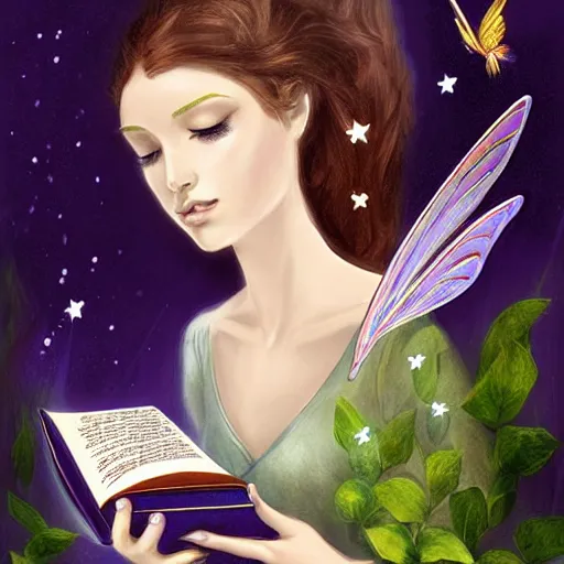 Prompt: a very beautiful fairy with a beautiful detailed face, the fairy hovers above an old opened book, digital painting, fantasy art