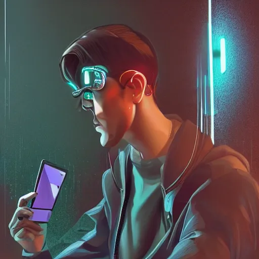 Image similar to young man looking at his phone sitting on a stool in a dark room with laser light, glistening skin, cyberpunk, art nouveau, dynamic lighting, high detail, concept art, artstation. by Paolo Eleuteri Serpieri