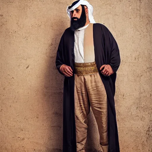 Prompt: middle ages middle eastern colored clothing, middle aged man, dark complexion, well trimmed beard, portrait full body view, defined jawline, middle easter contemporary artstyle