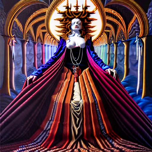 Image similar to beautiful oil painting, full length vampire in baroque coronation robes 1 7 0 1, dan mumford, dan mumford, alex grey, hyacinthe rigaurd, highly detailed, lsd visuals, dmt fractal patterns, visionary art, psychedelic art, ornate, vaporwave, baroque, greg rutkowski