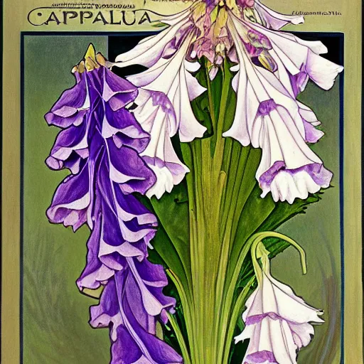 Prompt: a painting of Campanula medium, illustration, elegant, highly detailed, Artstation, by Georgia O'keeffe and alphonse mucha