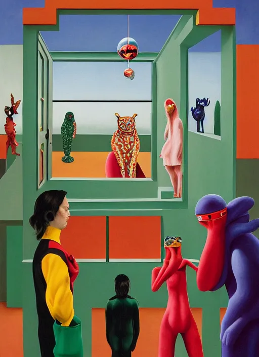 Prompt: painting of a gucci animal costumed family being shown how to open magic portals by a large glowing alien in their suburban living room maze, ufo in the room, designed by gucci and wes anderson, energetic glowing planets in the air, cinematic look, in the style of edward hopper, james jean, petra collins and mc. escher, uhd,