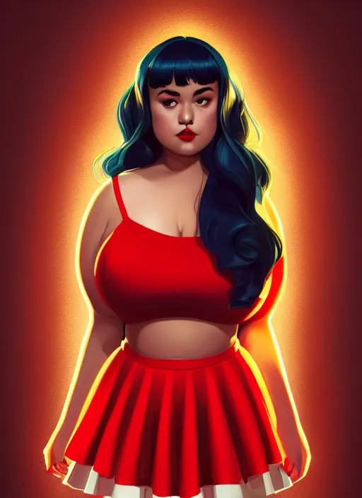 Image similar to full body portrait of teenage veronica lodge, obese, bangs, sultry, realistic, sultry smirk, wavy hair, red skirt, fat, belly, intricate, elegant, glowing lights, highly detailed, digital painting, artstation, concept art, smooth, sharp focus, illustration, art by wlop, mars ravelo and greg rutkowski