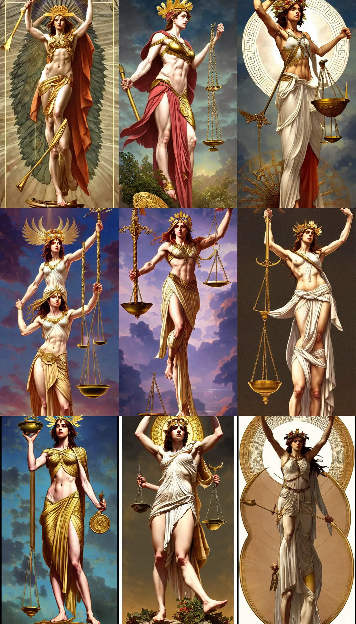 Prompt: a full body portrait of themis the greek goddess, presenting the scale of justice!! wearing a laurel wreath, extremely beautiful, precise anatomy, by artgerm and by greg rutkowski and by alphonse mucha and by simon bisley, radiant light, detailed and intricate environment,