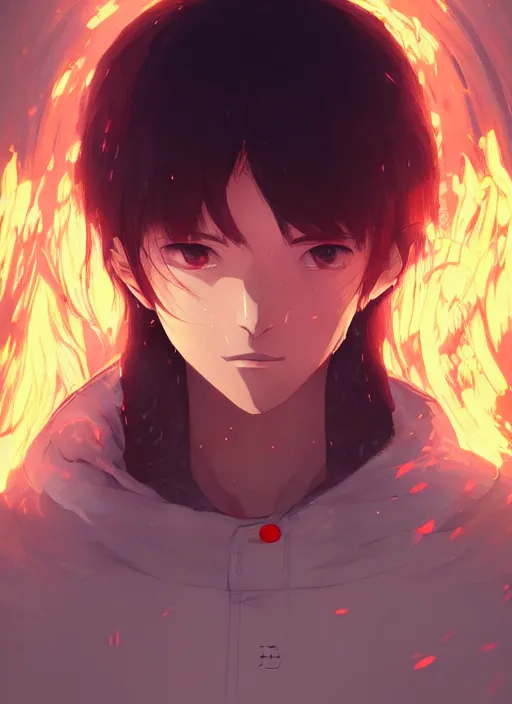 Prompt: a portrait of fire - kun, intricate, tone mapped, ambient lighting, highly detailed, digital painting, artstation, concept art, 4 k, god rays, stunningly beautiful, glowing eyes, sharp focus, by makoto shinkai and akihiko yoshida and hidari and wlop