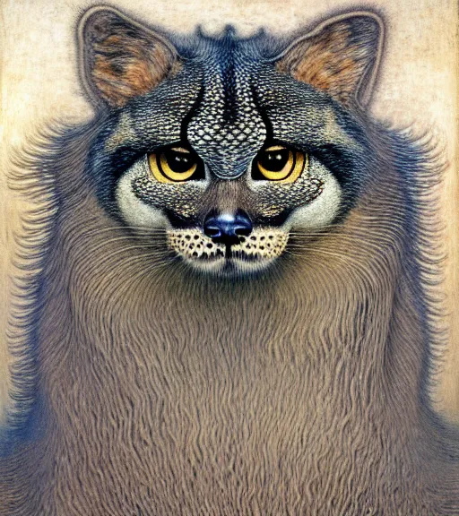 Image similar to detailed realistic beautiful manul portrait by jean delville, gustave dore, iris van herpen and marco mazzoni, art forms of nature by ernst haeckel, art nouveau, symbolist, visionary, gothic, neo - gothic, pre - raphaelite, fractal lace, intricate alien botanicals, ai biodiversity, surreality, hyperdetailed ultrasharp octane render