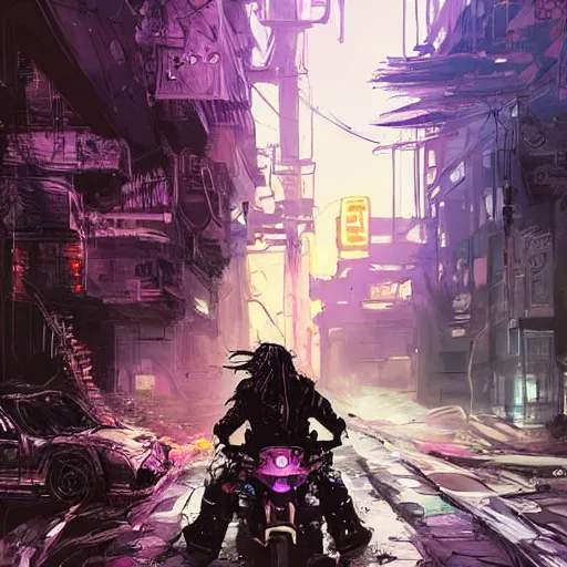 Image similar to portrait painting of a street samurai with long purple hair riding a motorcycle through a burning cyberpunk slum, glitch, concept art, intricate details, eerie, highly detailed, art by tsutomu nihei