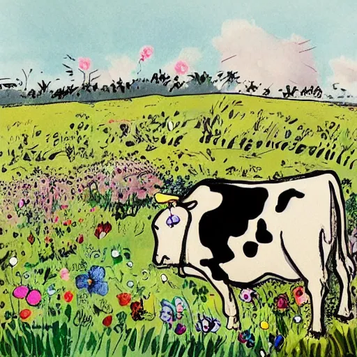 Prompt: cow in a field of flowers, art by quentin blake