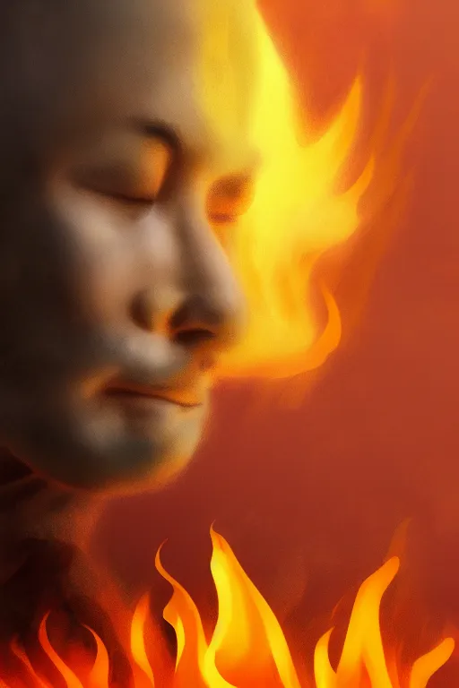 Image similar to A profile of a single monk meditating in flames by Afshar Petros, Trending on artstation.