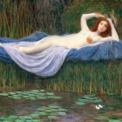 Image similar to breathtaking masterpiece of art, elizabeth eleanor siddall as ophelia laying down in water floating down the river amongst the reeds fully covered in robes fully clothed in flowing medieval robes by rosetti and monet, 8 k