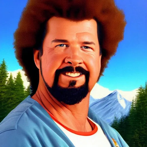 Image similar to a closeup photorealistic photograph of bob ross style kenny powers playing baseball, painting on a canvas. mountains and trees. film still. brightly lit scene. this 4 k hd image is trending on artstation, featured on behance, well - rendered, extra crisp, features intricate detail, epic composition and the style of unreal engine.