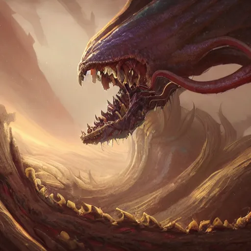 Prompt: a giant worm beast, worm monster, worm mouth, worm round mouth, rock and dust, worm brown theme, bright art masterpiece artstation. 8 k, sharp high quality artwork in style of jose daniel cabrera pena and greg rutkowski, concept art by tooth wu, blizzard warcraft artwork, hearthstone card game artwork, monster teeth