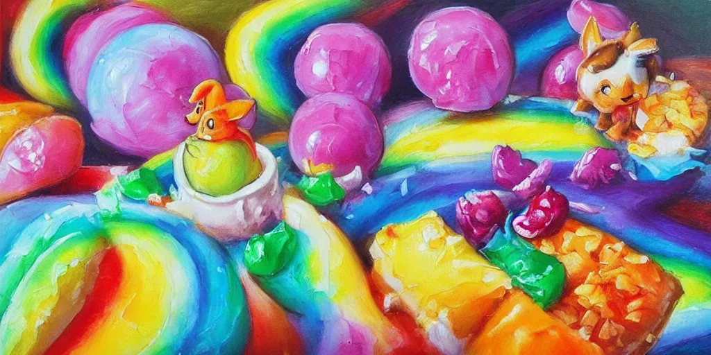 Prompt: rainbow sorbet made in the shape of 3 d littlest pet shop animal, realistic, melting, soft painting, desserts, ice cream, master painter and art style of noel coypel, art of emile eisman - semenowsky, art of edouard bisson