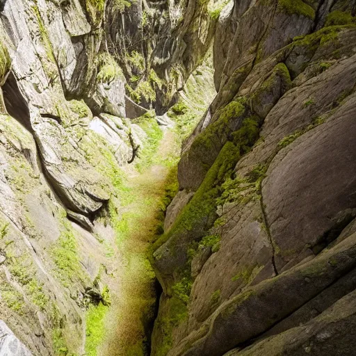 Prompt: vast interior chamber of a large, natural gorge, sunlight visible from above